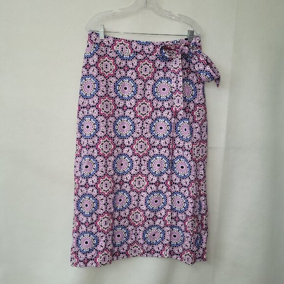 Loft Linen Wrap Skirt Women 10 Pink Blue Mosaic Floral Midi Linen/Viscose New - Picture 2 of 14